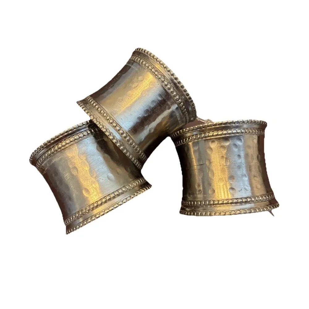 Set of 3 Silver Tone Metal Beaded Edge Napkin Rings Holders, No Pattern